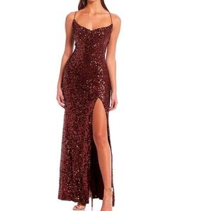 Cowlneck Sequin-Embellished High Slit Hem Ball Gown